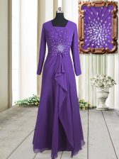 Free and Easy Purple Square Neckline Beading Prom Party Dress Long Sleeves Zipper