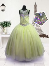  Scoop Apple Green Ball Gowns Beading Party Dress for Toddlers Zipper Organza Sleeveless Floor Length