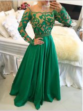  Scoop Green Long Sleeves Floor Length Beading and Appliques Side Zipper 
