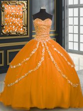 Fashion Orange Ball Gowns Tulle Sweetheart Sleeveless Beading and Appliques With Train Lace Up 15 Quinceanera Dress Brush Train