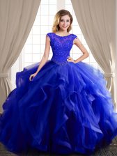 High End Scoop Royal Blue Ball Gowns Beading and Appliques and Ruffles Quinceanera Dresses Lace Up Tulle Cap Sleeves With Train