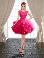 Affordable Hot Pink Lace Up Scoop Beading and Ruffles Prom Gown Tulle Cap Sleeves