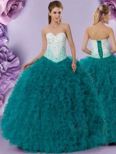 Teal Quinceanera Dresses Military Ball and Sweet 16 and Quinceanera with Beading and Ruffles Sweetheart Sleeveless Lace Up