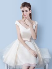 Excellent White Cap Sleeves Knee Length Bowknot Lace Up Quinceanera Dama Dress