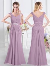 Romantic Lavender Empire Chiffon Sweetheart Cap Sleeves Beading and Ruching Floor Length Zipper Quinceanera Court Dresses