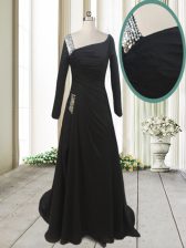 Adorable Black Prom Dresses Prom and Party with Beading Asymmetric Long Sleeves Sweep Train Side Zipper