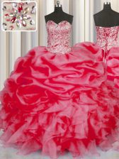 Deluxe Coral Red Lace Up Sweetheart Beading and Ruffles and Pick Ups 15th Birthday Dress Organza Sleeveless