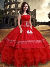 Comfortable Sleeveless Embroidery and Ruffled Layers Lace Up Ball Gown Prom Dress