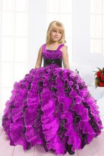 Lovely Floor Length Lace Up Little Girls Pageant Gowns Fuchsia for Military Ball and Sweet 16 and Quinceanera with Beading and Ruffles