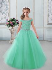  Off The Shoulder Cap Sleeves Girls Pageant Dresses Floor Length Beading Turquoise Tulle