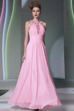 Cheap Halter Top Rose Pink Sleeveless Floor Length Beading Side Zipper Prom Evening Gown