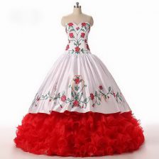 Adorable Ruffled Floor Length White and Red Vestidos de Quinceanera Sweetheart Sleeveless Lace Up