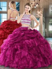  Fuchsia Two Pieces Scoop Sleeveless Organza Floor Length Backless Beading and Ruffles and Pick Ups 15th Birthday Dress