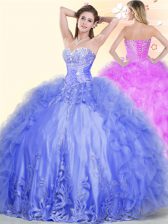Best Blue Ball Gowns Sweetheart Sleeveless Tulle Floor Length Lace Up Beading and Ruffles 15 Quinceanera Dress