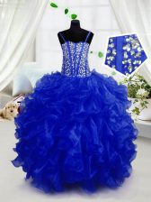 Beautiful Royal Blue Spaghetti Straps Neckline Beading and Ruffles Little Girls Pageant Gowns Sleeveless Lace Up