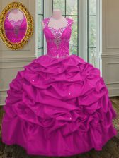  Straps Fuchsia Lace Up Quinceanera Gown Beading and Pick Ups Cap Sleeves Floor Length