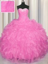 Flare Rose Pink Sleeveless Organza Lace Up Quinceanera Dresses for Military Ball and Sweet 16 and Quinceanera