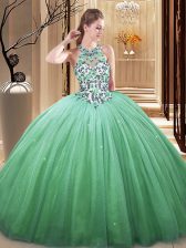  Green Tulle Lace Up Ball Gown Prom Dress Sleeveless Floor Length Lace and Appliques