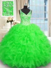 Simple Green Ball Gowns Beading and Ruffles Sweet 16 Dress Zipper Organza Sleeveless Floor Length