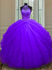  Sequins Floor Length Purple Quinceanera Gown Halter Top Sleeveless Lace Up