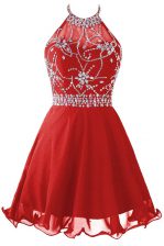  A-line Prom Dresses Red Halter Top Organza Sleeveless Mini Length Zipper