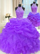  Three Piece Sleeveless Floor Length Beading and Pick Ups Lace Up Sweet 16 Dresses with Eggplant Purple