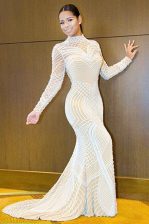 Fashionable Mermaid White Prom Party Dress Prom with Beading High-neck Long Sleeves Sweep Train Backless