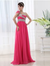 Popular One Shoulder Chiffon Cap Sleeves With Train Homecoming Dress Brush Train and Beading and Ruching