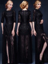 Top Selling Scoop Floor Length Black Prom Party Dress Lace Half Sleeves Lace