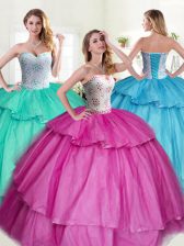 Amazing Fuchsia Tulle Lace Up Sweetheart Sleeveless Floor Length 15 Quinceanera Dress Beading and Ruffled Layers