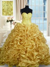 Low Price Sleeveless With Train Beading and Pick Ups Lace Up Quinceanera Dresses with Gold Sweep Train