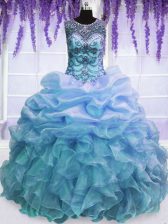  Scoop Blue Lace Up Vestidos de Quinceanera Beading and Pick Ups Sleeveless Floor Length