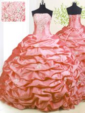 Most Popular Pink Taffeta Lace Up Strapless Sleeveless With Train Quinceanera Gowns Sweep Train Beading and Pick Ups