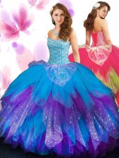  Multi-color Quince Ball Gowns Military Ball and Sweet 16 and Quinceanera with Beading and Ruffled Layers Sweetheart Sleeveless Lace Up