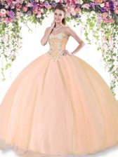 Ideal Peach Ball Gowns Beading Quinceanera Dress Lace Up Tulle Sleeveless Floor Length