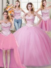 Flare Four Piece Tulle Sweetheart Sleeveless Lace Up Beading Ball Gown Prom Dress in Rose Pink