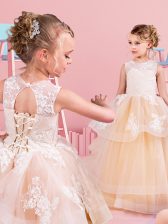 Luxurious Champagne Tulle Lace Up Scoop Sleeveless Floor Length Flower Girl Dresses for Less Lace and Ruffles
