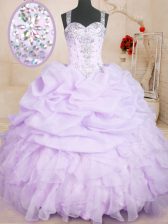 Best Lavender Straps Neckline Beading and Ruffles and Pick Ups Ball Gown Prom Dress Sleeveless Lace Up