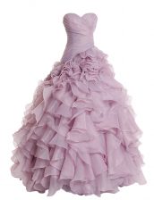 Beautiful Sleeveless Organza Floor Length Zipper Evening Dress in Lilac with Ruffles