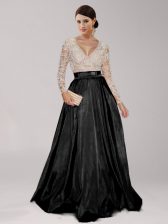  Black Prom Gown Prom with Beading and Belt V-neck Long Sleeves Zipper