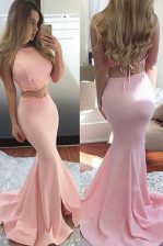  Mermaid Scoop Pink Sleeveless Sweep Train Lace With Train Prom Dress