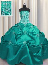 Best Embroidery Ball Gowns 15th Birthday Dress Dark Green Strapless Taffeta Sleeveless Floor Length Lace Up