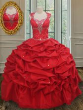 Cute Red Lace Up Straps Beading and Pick Ups Sweet 16 Dresses Taffeta Cap Sleeves