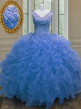 Hot Sale Sleeveless Organza Floor Length Zipper Sweet 16 Quinceanera Dress in Blue with Beading and Ruffles