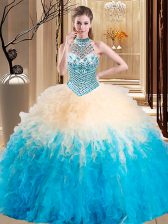 Classical Multi-color Ball Gowns Tulle Halter Top Sleeveless Beading and Ruffles Floor Length Lace Up Vestidos de Quinceanera
