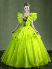Glorious Organza Sweetheart Sleeveless Lace Up Appliques and Ruffles Quinceanera Gown in Yellow Green