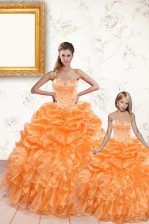  Orange Organza Lace Up Sweetheart Sleeveless Floor Length Sweet 16 Quinceanera Dress Beading and Ruffles and Pick Ups