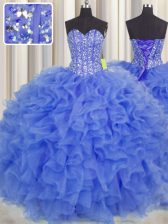  Visible Boning Blue Sweetheart Lace Up Beading and Ruffles and Sashes ribbons Vestidos de Quinceanera Sleeveless