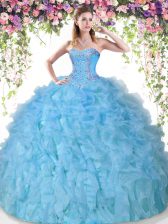 Fantastic Baby Blue Lace Up Ball Gown Prom Dress Beading and Ruffles Sleeveless Floor Length