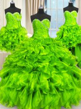  Four Piece Organza Sweetheart Sleeveless Lace Up Beading and Ruffles and Ruching 15 Quinceanera Dress in 